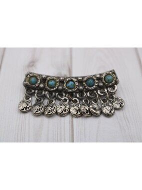 Germany Turquoise Brooch Pin Fringe Coins Silver Celtic Ethnic Hat Scarf Lapel